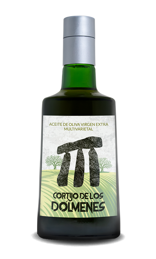 Botella de AOVE ecológico Cortijo de los Dólmenes, aceite de oliva virgen extra sin filtrar, presentado sobre fondo rústico con tonalidades verdes y doradas.